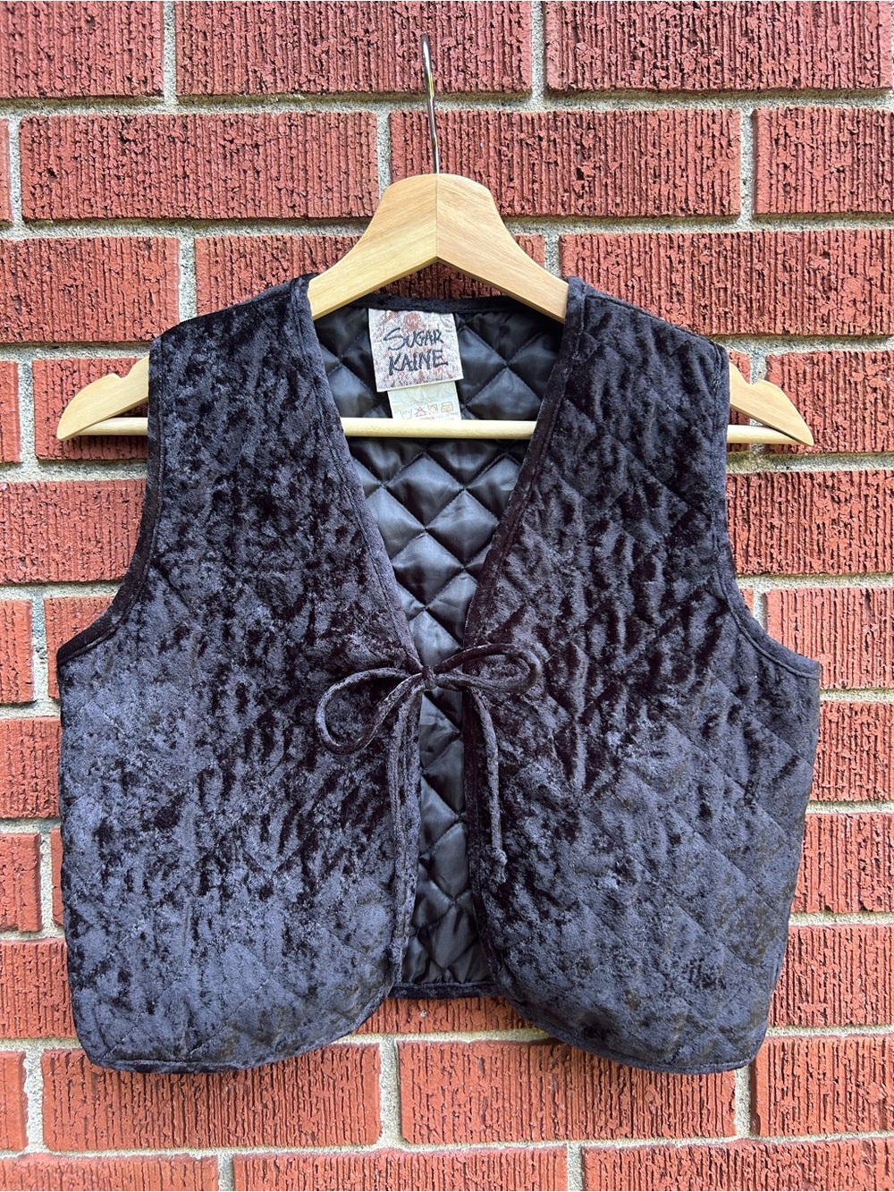 Vintage Sugar Kaine Black Crushed Velvet Quilted Tie Vest Made in Canada
